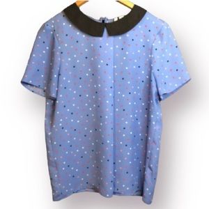 ELLE Polkadot Front Crossover Short-sleeve Blouse. Lightweight. 100% Polyester.